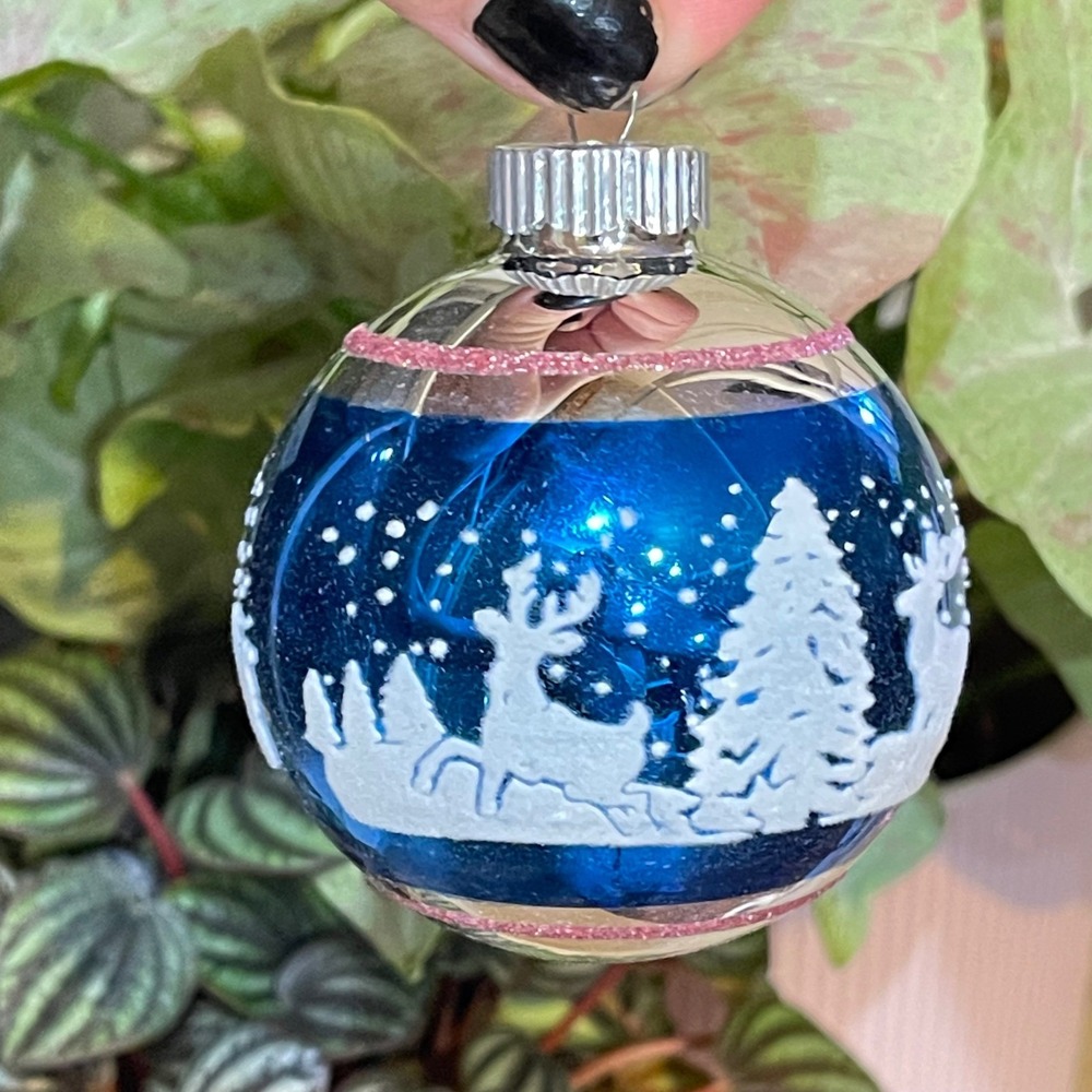 3" Radko Shiny Brite Stenciled Flocked Ornament Reindeer Winter Trees Blue Pink‎